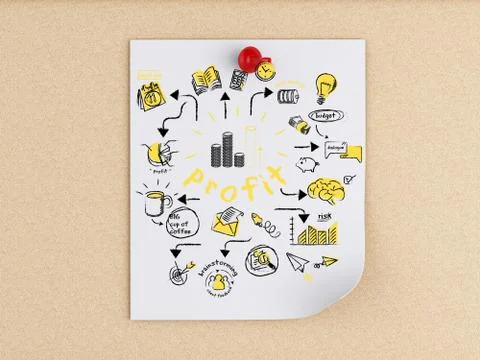 3d post-it notes wth business sketch over cork board. Illustrazione stock