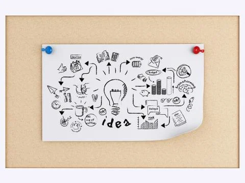 3d post-it notes wth business sketch over cork board. Illustrazione stock