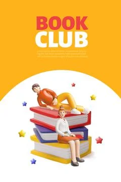A 3D poster for a book club with a stack of books and characters. 스톡 일러스트