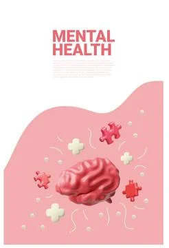 3D poster with a brain, puzzle pieces, and a plus sign on a pink background. Stock Illustration