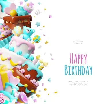 3D poster with cake, cream, lollipops, candles, and confetti, with a seamless Stock Illustration