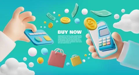 A 3D poster of electronic payment options using a card and a mobile phone. Stock Illustration