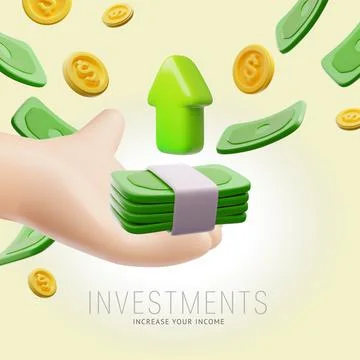 A 3D poster featuring a hand holding paper money with a green upward arrow, and Stock Illustration