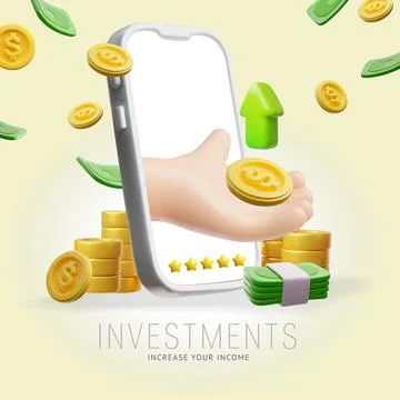 A 3D poster featuring a hand holding a coin and a green arrow pointing upward Ilustração Stock