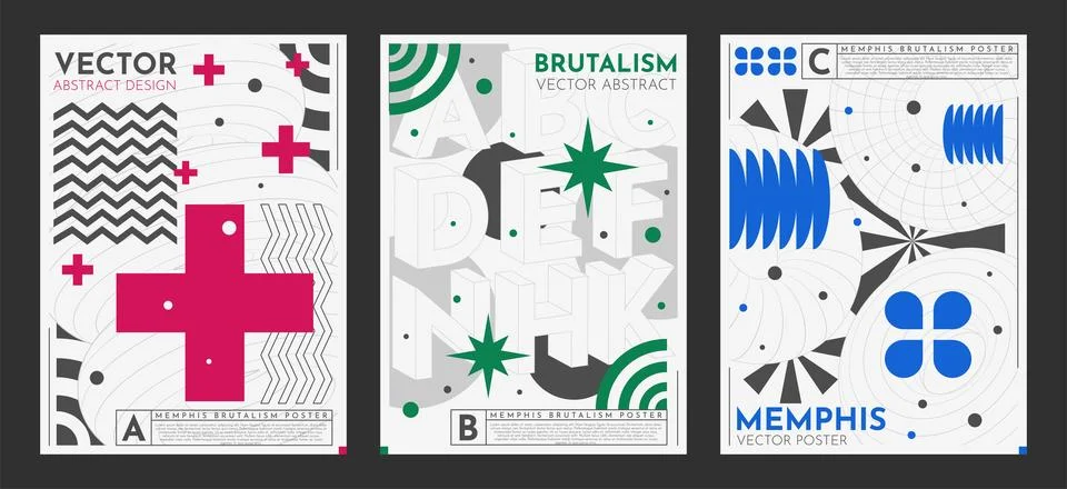 3D poster form. Brutal template design. Geometric element, typography. Memphis Stock Illustration