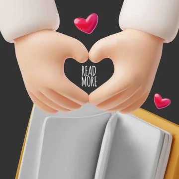 3D poster with hand gesture forming a heart near an open book with the caption Stock Illustration