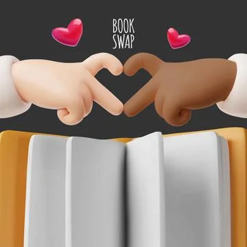 3D poster with hands of different skin tones forming a heart over an open book Stock Illustration