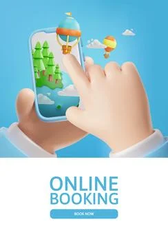 3D poster with hands holding mobile phone with planet, forest and hot air Stock Illustration