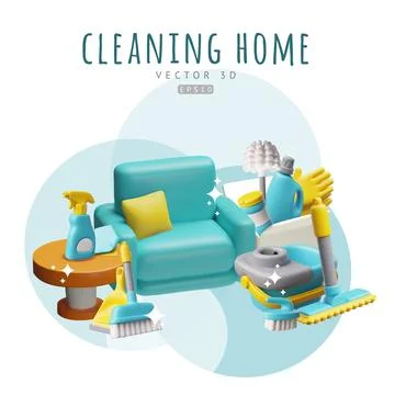 3D poster illustration with chair, table and cleaning supplies, brushes, sponges Stock Illustration