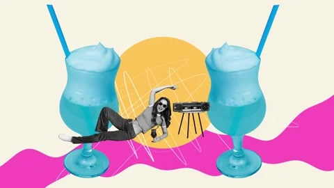 3d poster motion collage video of happy hipster girl hold cocktail Stock Footage 301630563
