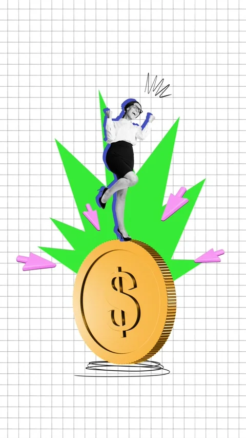 3d poster motion collage video of excited businesswoman stand coin Stock Footage 302376840