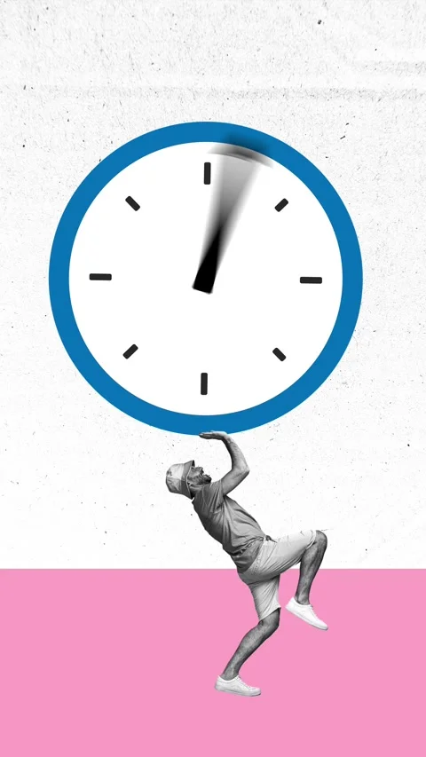 3d poster motion collage video of happy man push time clock regime expire limit Stock Footage 303157949