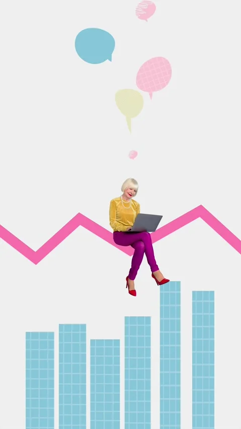 3d poster motion collage video of happy old businesswoman type laptop chat chart Stock Footage 304501324