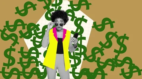3d poster motion collage video of shocked girl hold phone dollar millionaire Stock Footage 309510794