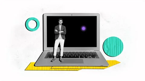 3d poster motion collage video of happy businessman stand laptop 24 7 service Stock Footage 310671700