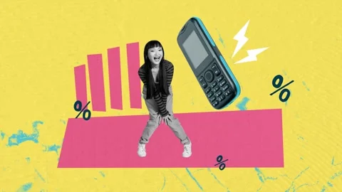 3d poster motion collage video of happy operator stand retro phone chart up Stock Footage 311504221