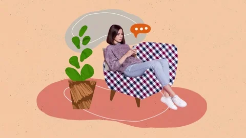 3d poster motion collage video of happy girl hold phone sit armchair room chat Stock Footage 312316607