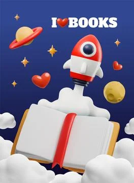 3D poster of an open book among clouds, planets, a rocket and stars. Stock Illustration