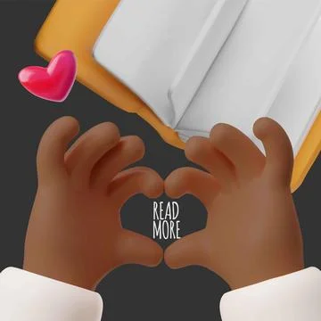 3D poster of an open book with dark skinned hands forming a heart. Stock Illustration