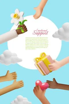 3D poster with a round frame, hands with a flower, heart, gift, mutual Stock Illustration