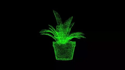 3D pot with flower on black bg. Object dissolved green flickering particles.  Stockillustratie