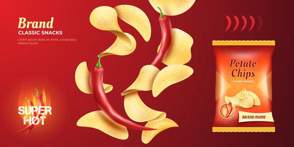 3d potato chips, spicy snacks. Realistic chili, spice product, red healthy food Stock Illustration