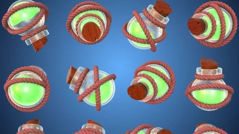 3D Potion Bottles Falling on a Blue Background. Potion Bottle 3D. 4K Stock Footage 283810710
