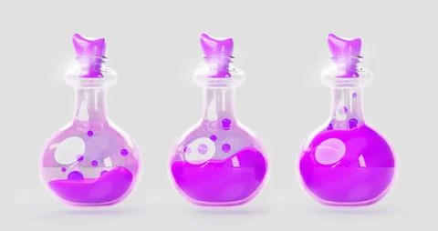 3d potion bottles with purple magic elixir. Corked glass alchemy lab flasks Stock Illustration