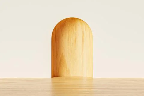 3d presentation background with black floor over white wall with wooden arch Stock Illustration