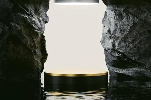 3d presentation pedestal between two rocks in water Stock Illustration