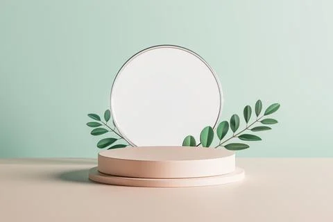 3d presentation pedestal with branch with leafs and background mirror Stock Illustration