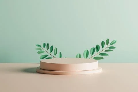 3d presentation pedestal with branch with leafs and background mirror Stock-Illustration