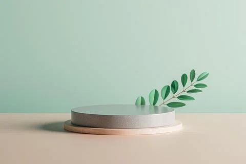 3d presentation pedestal with branch with leafs on background Illustrazione stock