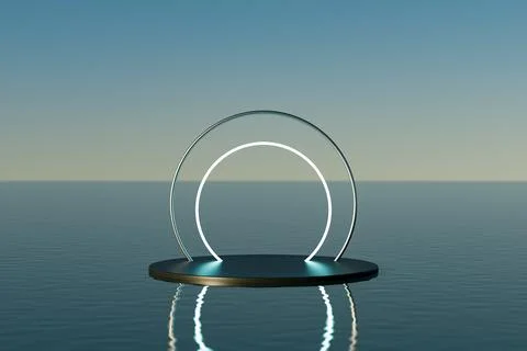3d presentation pedestal with circle frame over sea landscape background Stock Illustration