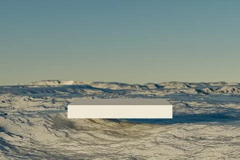 3d presentation square white pedestal levitating above rock landscape background Illustrazione stock