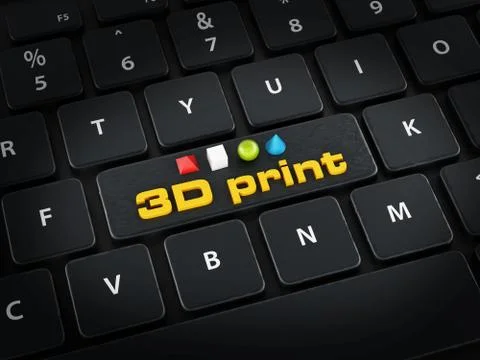3D print text, cube, sphere, cone and pyramide standing on black keyboard Stock Illustration