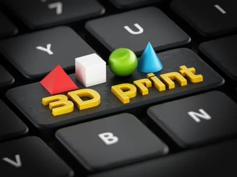 3D print text, cube, sphere, cone and pyramide standing on black keyboard Stock Illustration