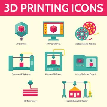 3D print vector icons in flat design style. 3D printing. Stock Illustration