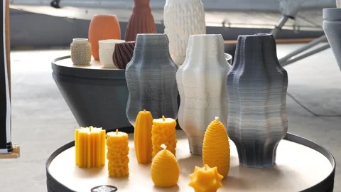 3D printed ceramic vases and unique wax candles Stock Footage 288826992