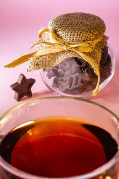 3D printed chocolates in a festively packed glass jar Stock Photos