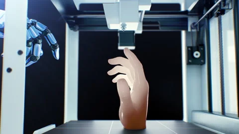 3d Printed Human Hand and Metal Robot Arm Touching It with Blue Light. Biblical Stock Footage 219486160