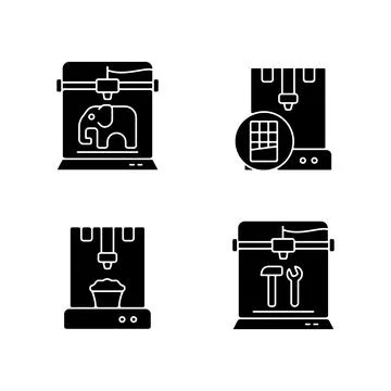 3d printed physical objects black glyph icons set on white space Stock Illustration