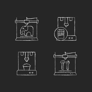 3d printed physical objects chalk white icons set on dark background Illustrazione stock