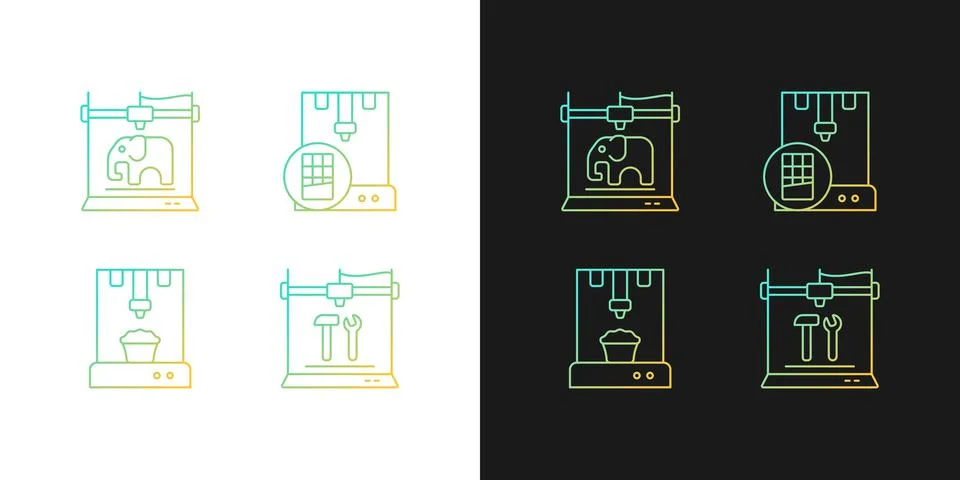 3d printed physical objects gradient icons set for dark and light mode Illustrazione stock
