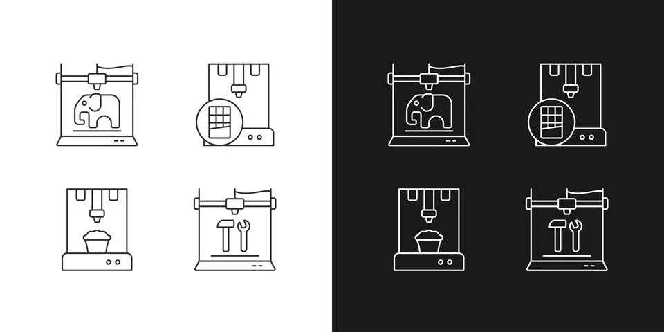 3d printed physical objects linear icons set for dark and light mode Stock Illustration