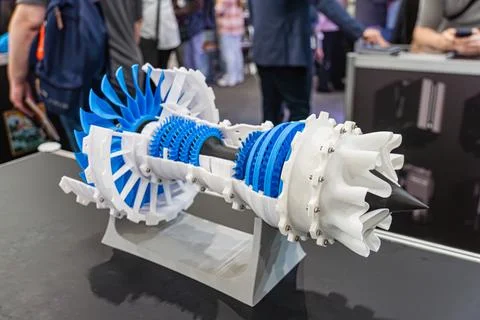 3D-printed plastic model of a jet engine turbofan in cross-section. Blue and  写真素材