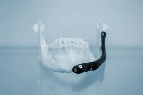 3D printed plastic prototype human lower jaw, medical titanium implant close-up Stock Photos