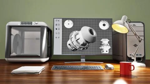 3D printer and desktop computer standing on the table. 3D illustration Stock Illustration