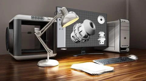 3D printer and desktop computer standing on the table. 3D illustration 3D ... Stock Photos