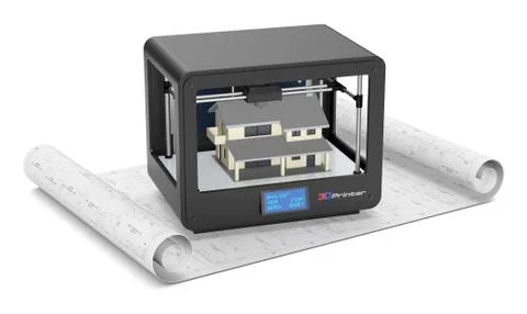 3d printer and house building, concept Ilustración de archivo
